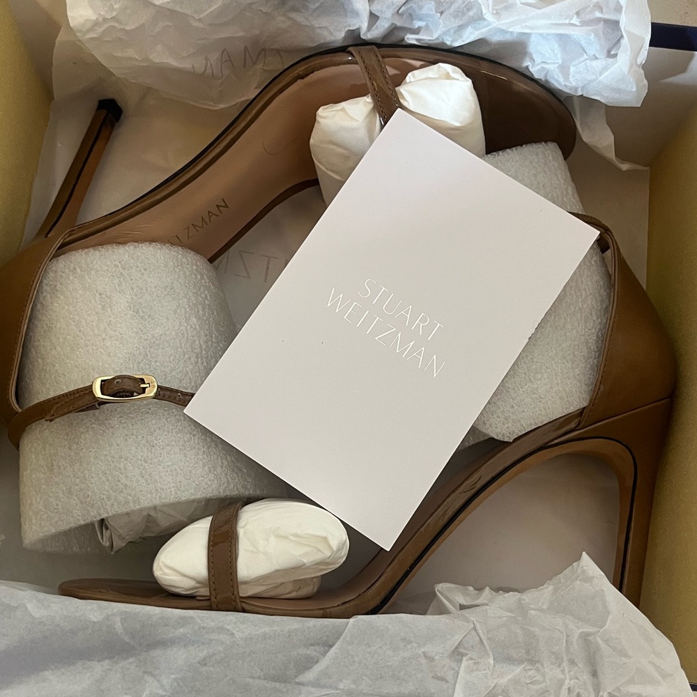 Stuart Weitzman NUDISTSONG Patent Tan Heels